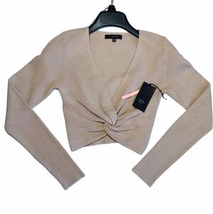 Crop Sweater Womens Large Taupe Beige Knot Front Cropped V Neck Long Sleeve New